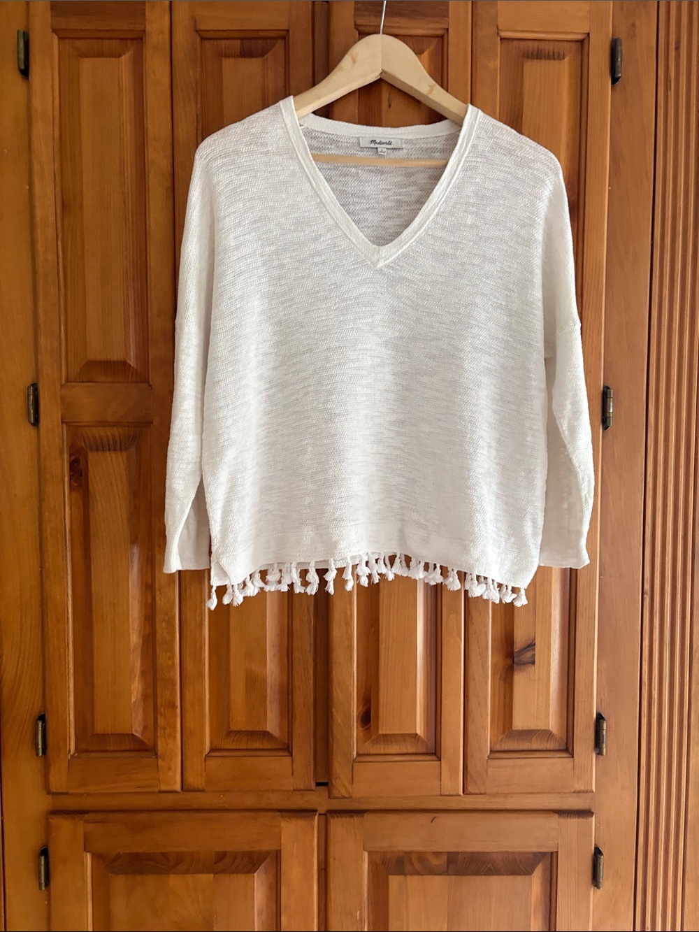 Madewell Cream V-Neck Fringe lightweight top